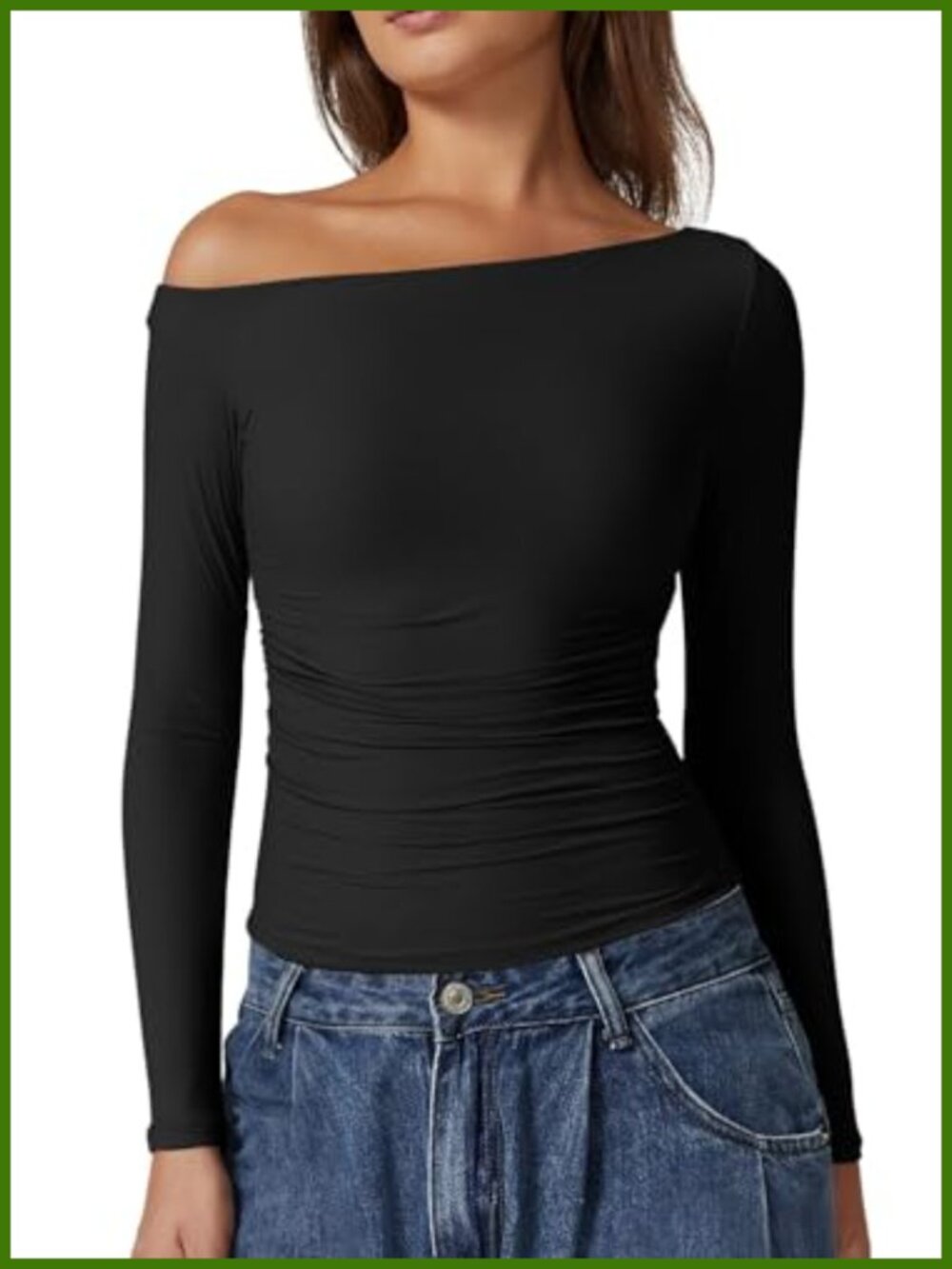Off Shoulder Long Sleeve Ruched Fitted Crop Top Double Lined